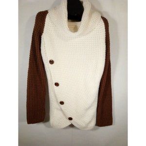 Chunky Cable Knit Button Buttoned Sweater Turtleneck Pullover Large White/Brown